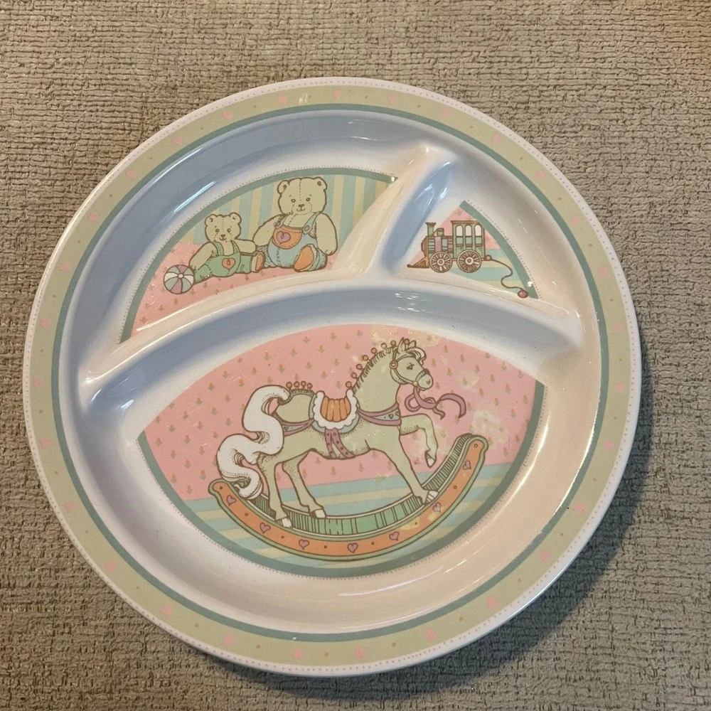 Vintage 1985 Enesco Childs Play Melamine 2pc Dinner Set Rocking Horse‎ 871958